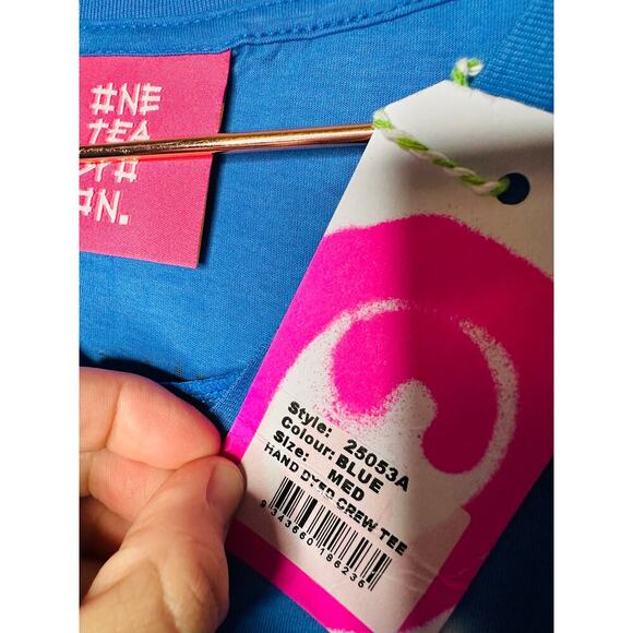 ONE TEASPOON Blue Hand Dyed Logo Organic Crew Tee Shirt Size Medium NWT - Picture 5 of 6